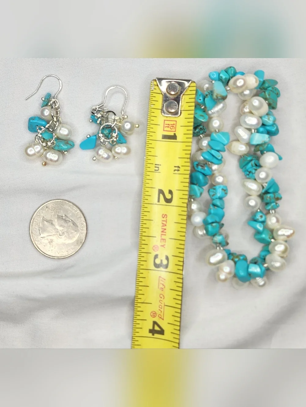 Turquoise Chip & Pearl Cluster Bracelet and Earrings Set - Women Jewelry